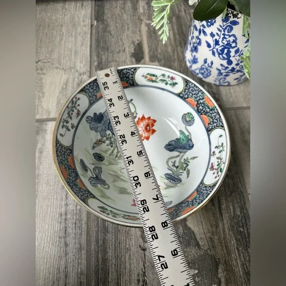 1960s Vintage Chinoiserie Hand Painted Lotus Bowl with Koi Fish Decorative Bowl